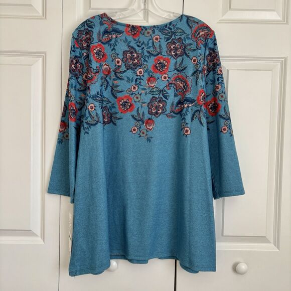 RUBY RD. WOMEN'S TOPS L/1X PULLOVER BLUE FLORAL KNIT 3/4 SLEEVES KEYHOLE NECK - Picture 5 of 7